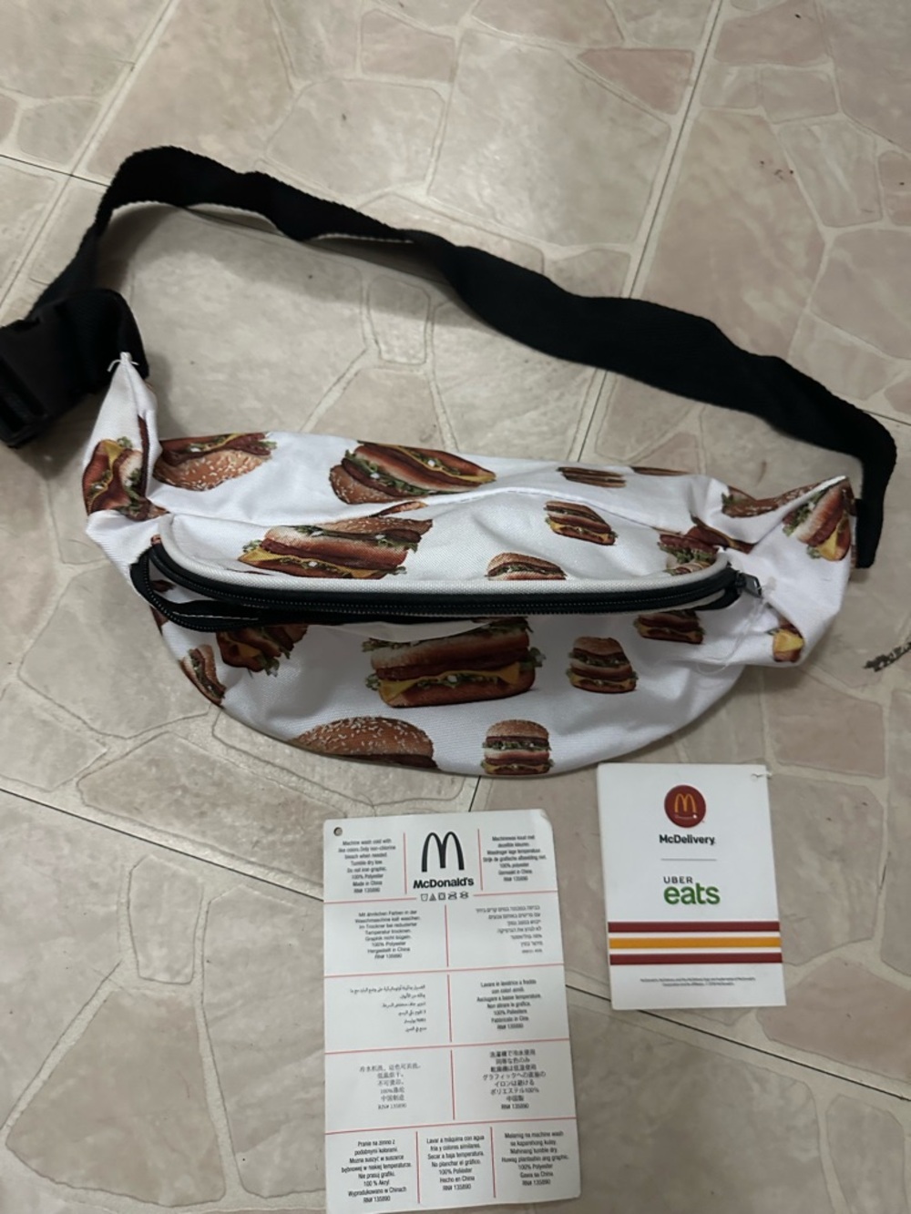 RARE! McDonald's White Burger-Print Waist Fanny pack Bag with Black Strap y2k
